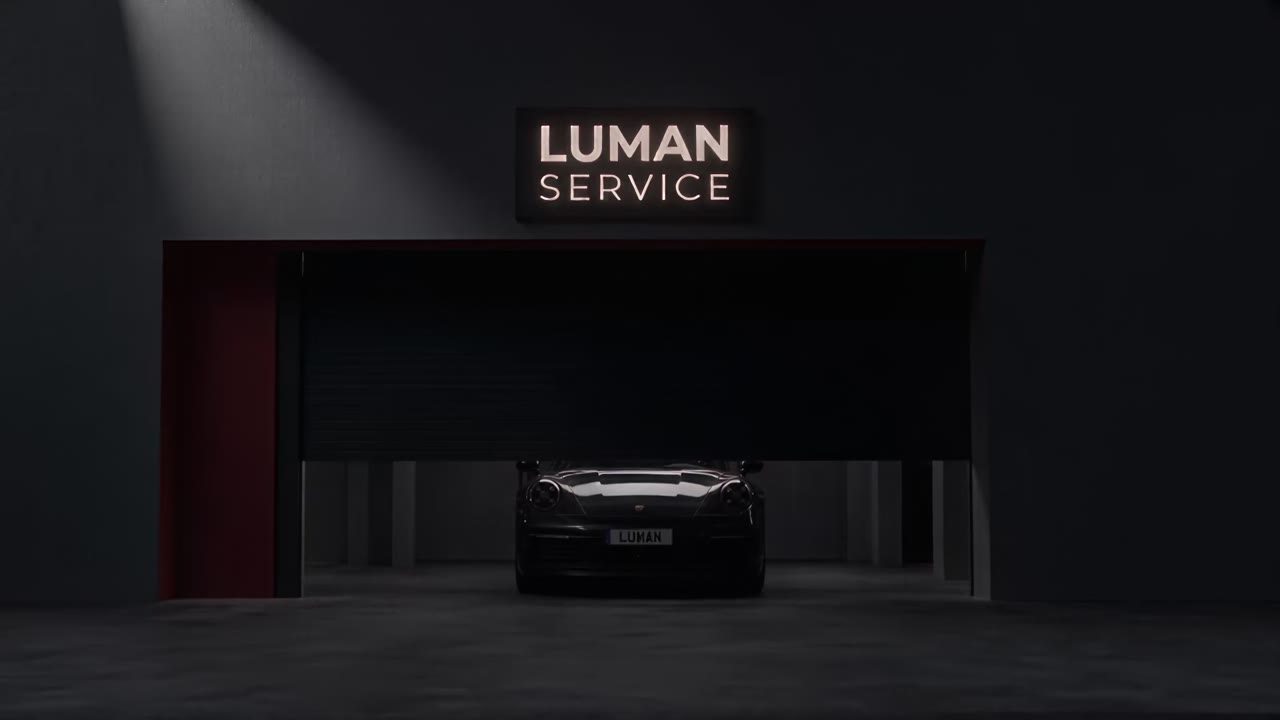 Porsche выезжает из тёмного бокса LUMAN SERVICE